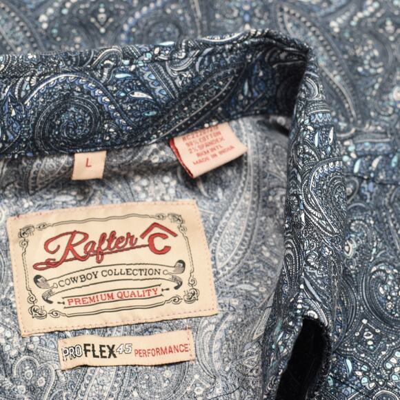 Rafter C Men Button Down Shirt Paisley Short Sleeve Cotton Blue Size L Pro Flex - Picture 7 of 8